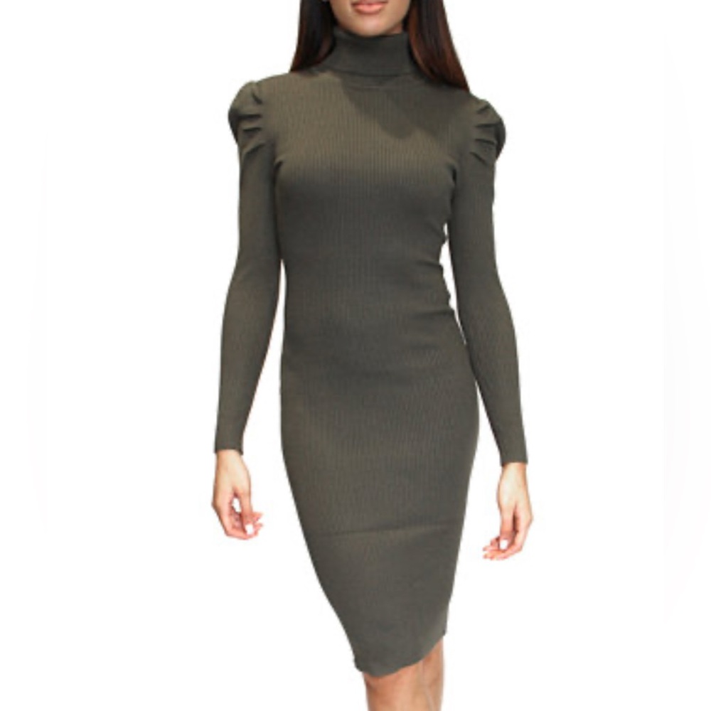 Ribbed Long Sleeve Turtleneck Bodycon Dress Women’s Size Large Green Puff Sleeve